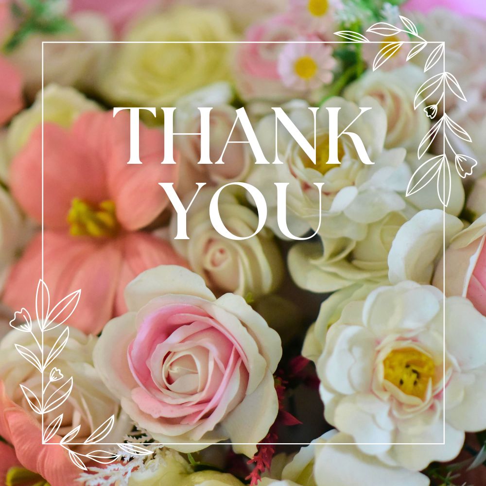 Thank you text surrounded by flowers