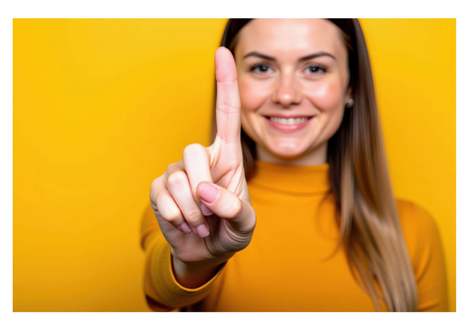 Woman on a yellow background. Holding up one finger